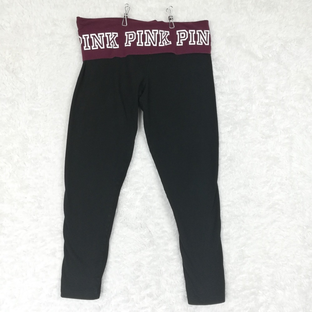 Victoria's Secret Pink Womens Pants Yoga Leggings Fold-over Black Maroon L